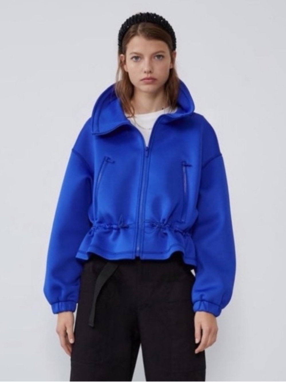 New! Zara Electric Blue Zip-Up Bomber Jacket - Neoprene - sz L